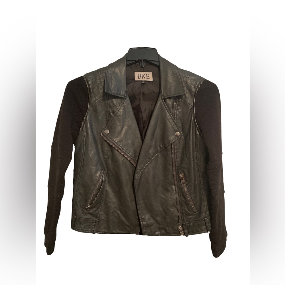 BKE Black Faux Leather Moto Jacket Detachable Hood Women’s Small